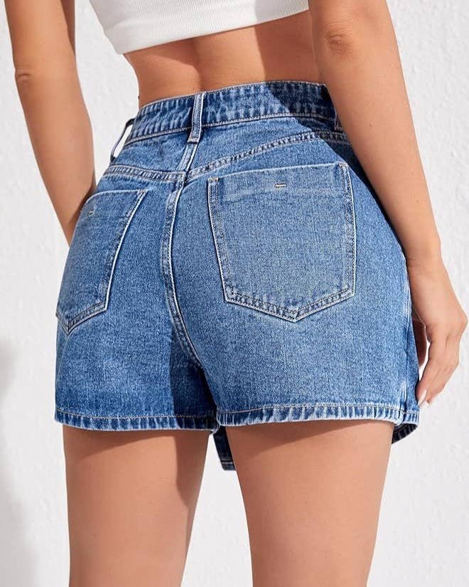 Vintage Washed Denim Skort with Asymmetric Button Placket