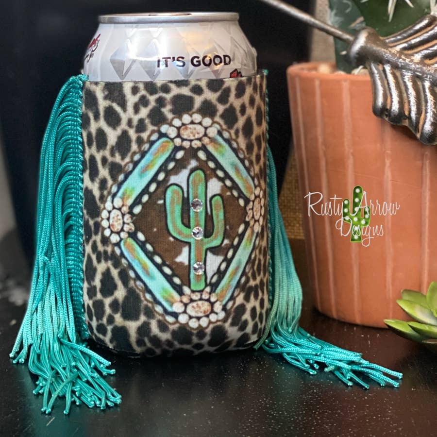 Regular Turquoise Cactus Stone Fringe Koozie