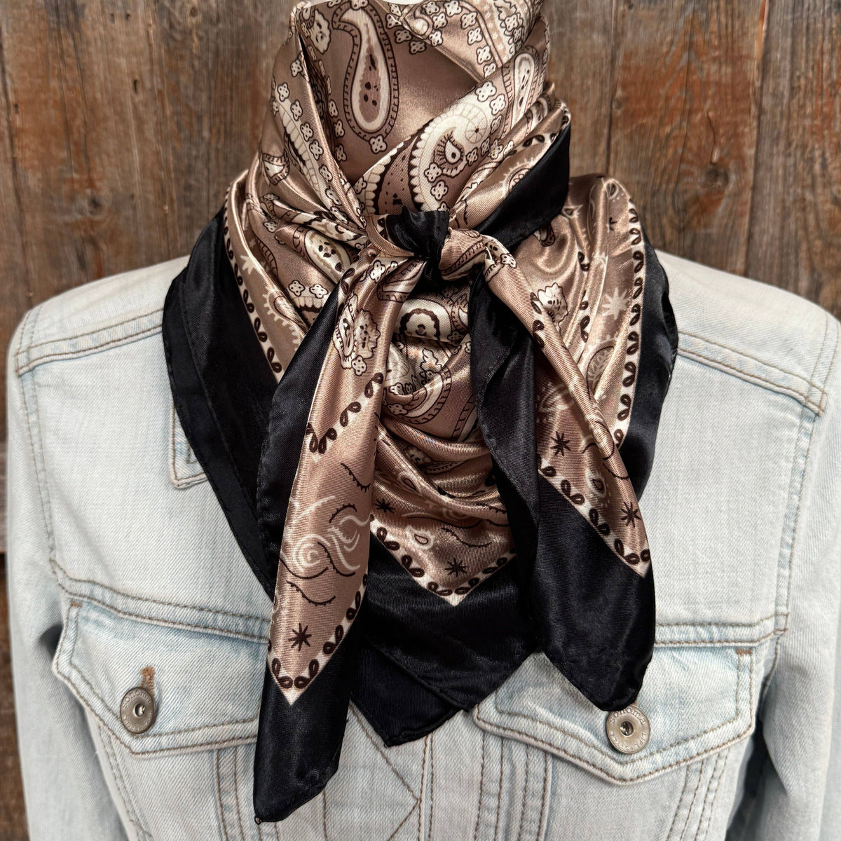 35X35"  Black and Tan Floral Paisley Wild Rag / Scarf