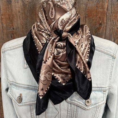 35X35"  Black and Tan Floral Paisley Wild Rag / Scarf