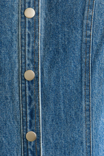 SLEEVELESS ROUND NECK BUTTON DOWN DENIM MINI DRESS