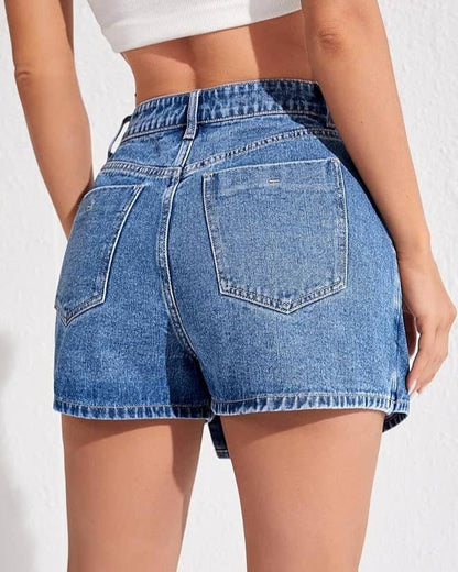 Vintage Washed Denim Skort with Asymmetric Button Placket