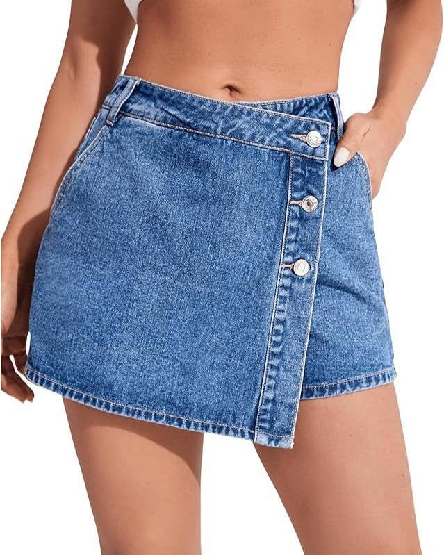 Vintage Washed Denim Skort with Asymmetric Button Placket