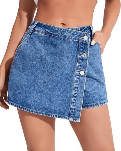 Vintage Washed Denim Skort with Asymmetric Button Placket