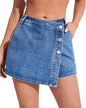 Vintage Washed Denim Skort with Asymmetric Button Placket