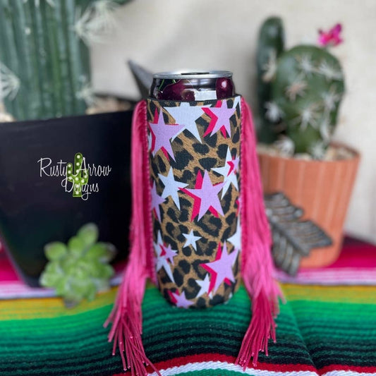 Slim Pink Stars Fringe Koozie