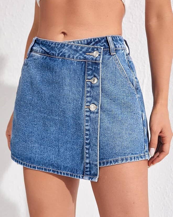 Vintage Washed Denim Skort with Asymmetric Button Placket
