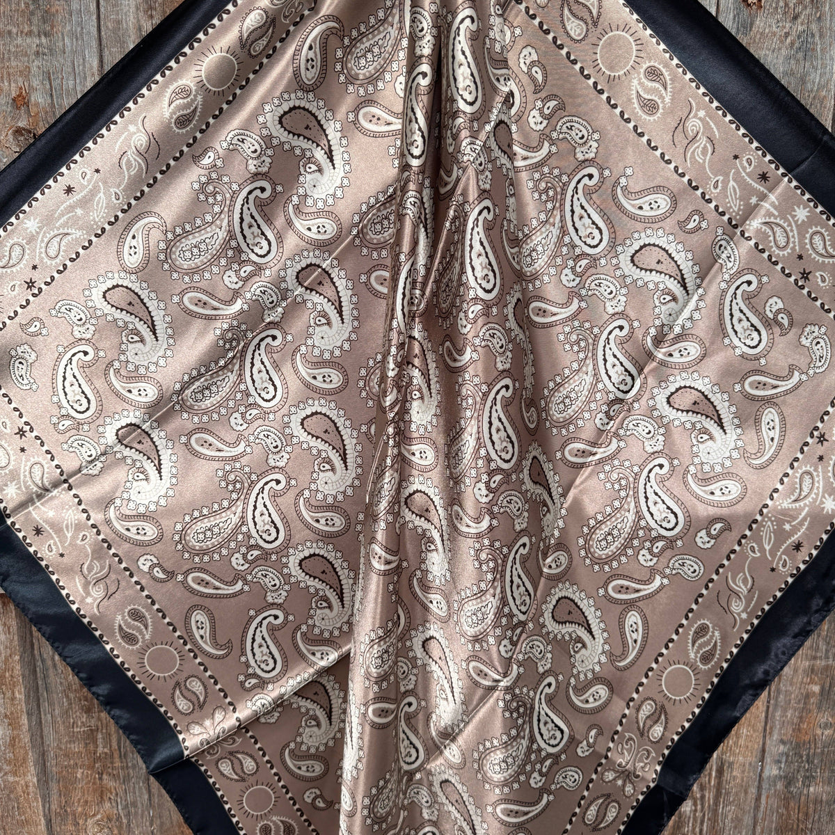 35X35"  Black and Tan Floral Paisley Wild Rag / Scarf