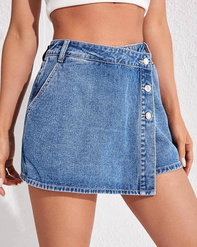 Vintage Washed Denim Skort with Asymmetric Button Placket