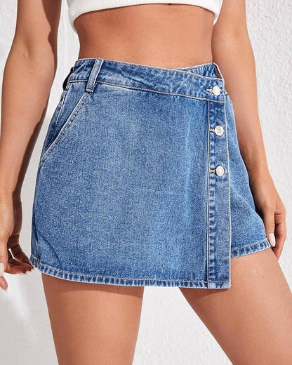 Vintage Washed Denim Skort with Asymmetric Button Placket