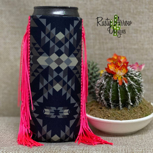 Slim Black and White Aztec Fringe Koozie